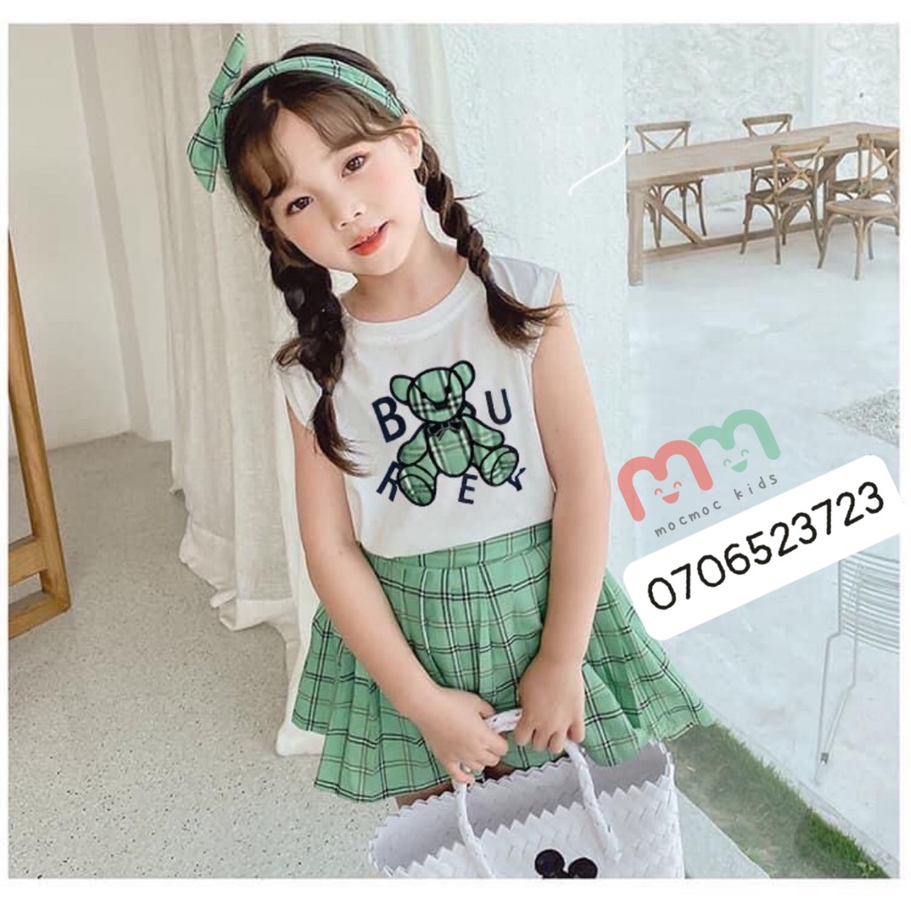 Set bé gái, áo cánh dơi bo laithun cotton mềm mịn phối váy xếp ly caro cotton nhập mềm, có lót trong, kèm băng đô