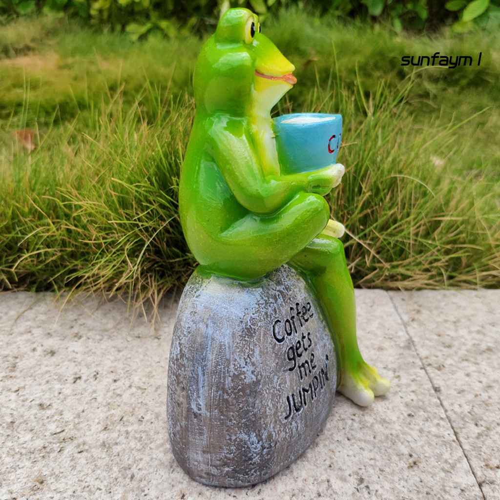 SUNFAY Animal Design Statuary Green Sitting Frog Drinking Coffee Stone Garden Statue for Home Decor