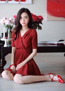 Đầm xoè váy đỏ xoè cột eo, váy dạo phố, váy tết xuongvnxk vnxk