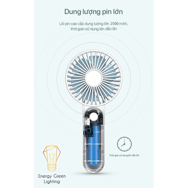 Quạt Mini Cầm Tay Energy Green Lighting F1 Tích Điện 3 Chế Độ Gió - Dung Lượng Pin 2500 mAh - Nhỏ Gọn Độ Ồn Thấp