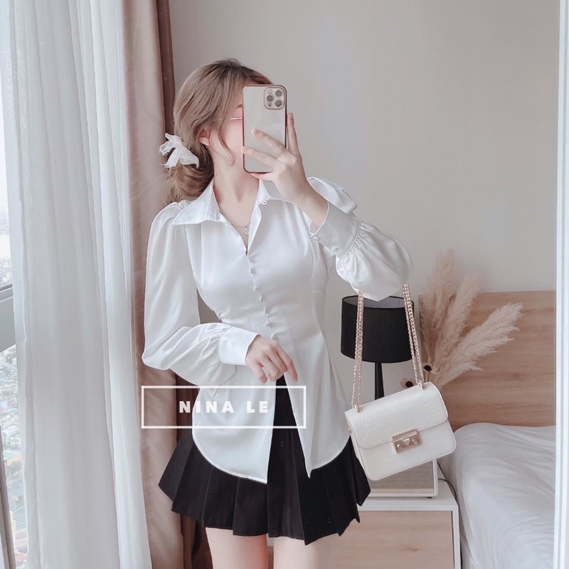 Áo Sơ Mi Nữ Linen Cổ Trụ Tay Bồng Kèm Túi Vuông Trước Ngực Phong Cách Hàn Quốc Ảnh Thật Tự Chụp