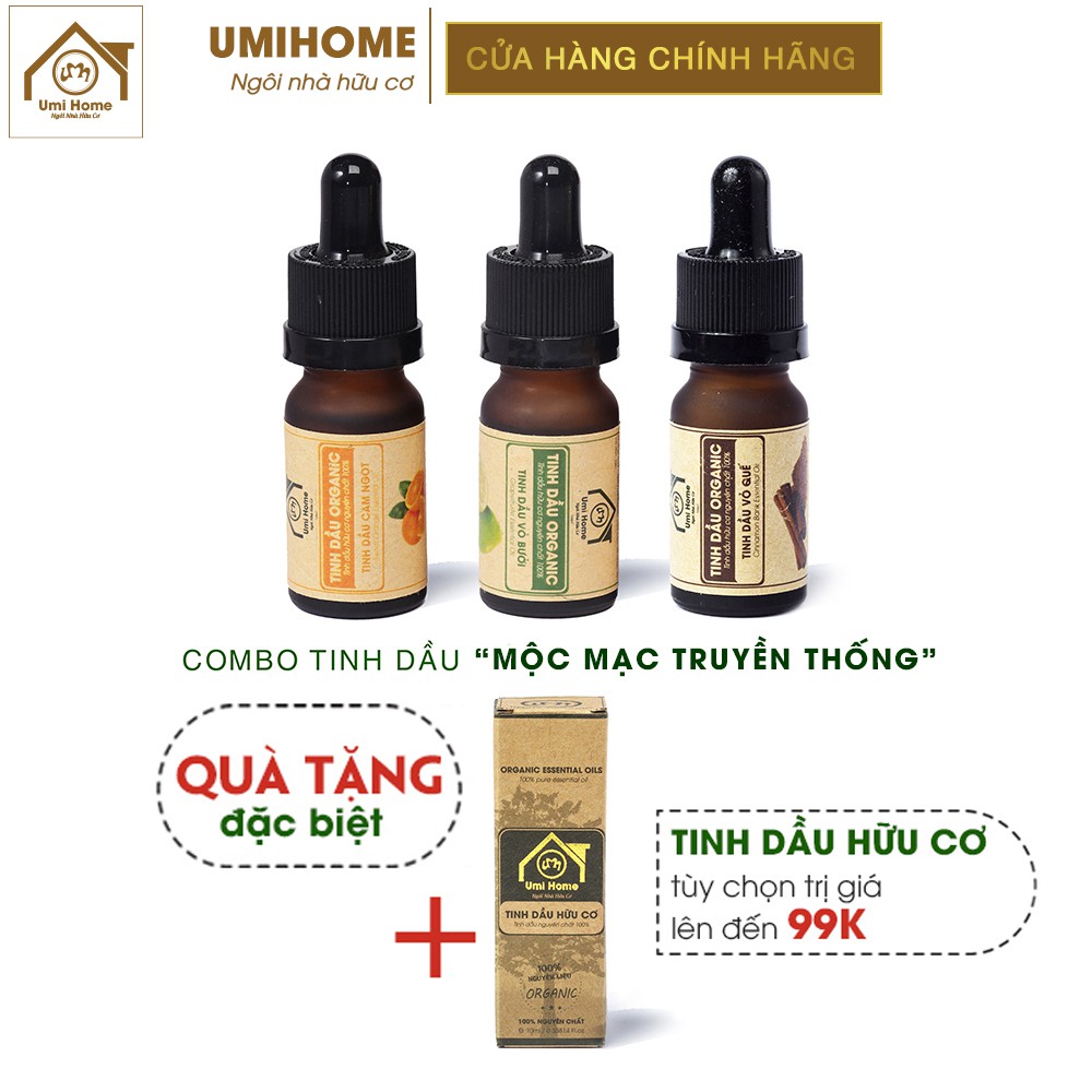 Combo 3 loại Tinh Dầu UMIHOME gồm Cam Ngọt, Vỏ Bưởi, Quế (10mlx3) hữu cơ nguyên chất