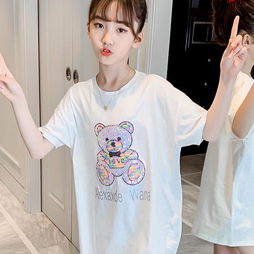 Áo phông cho bé gái 6 tuổi đến 10 tuổi, áo phông dáng rộng chất cotton co giãn 4 chiều hàng xuất dư hình ngẫu nhiên