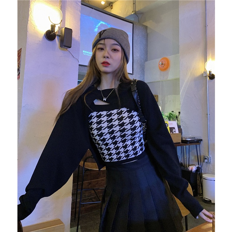 Áo dệt kim nữ hai dây họa tiết caro đơn giản thời trang | BigBuy360 - bigbuy360.vn