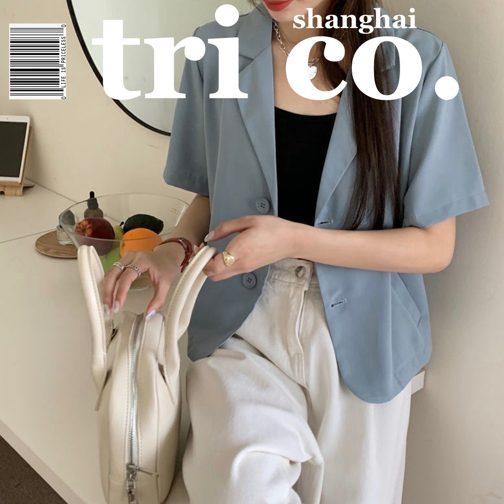 Áo Khoác Vest Màu Xanh Nhạt Dáng Rộng Tay Ngắn Thời Trang Mùa Hè Hàng Mới Dành Cho Bạn Nữ Áo croptop