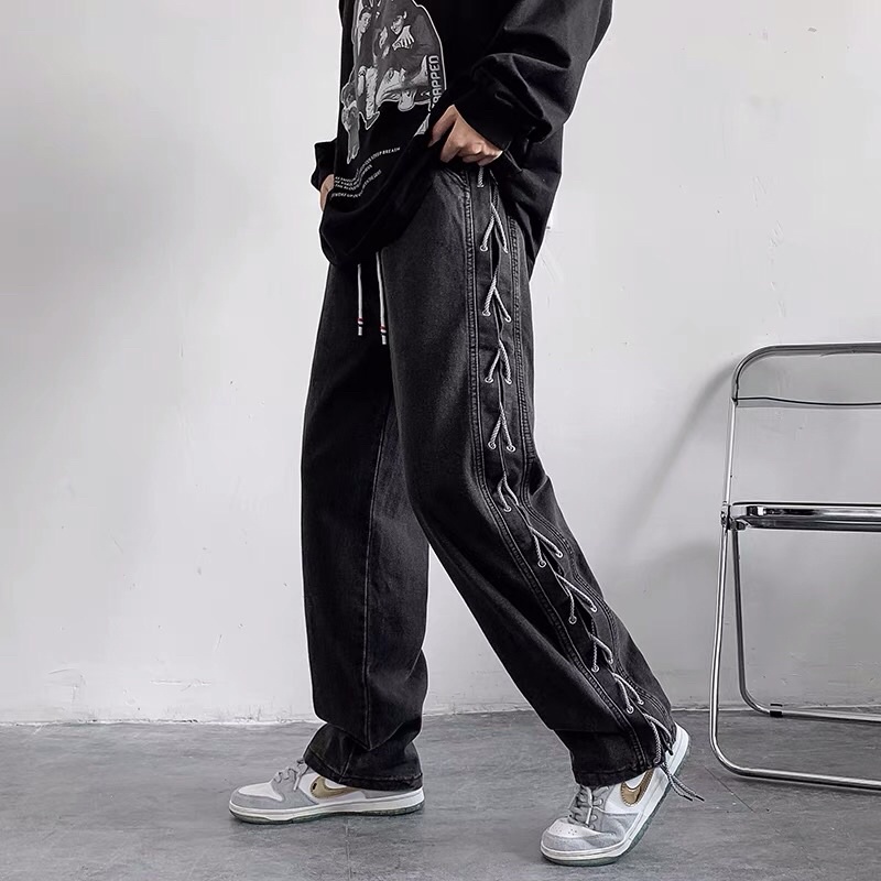 Quần bò jeans ống rộng đan dây eo chun hiphop Ulzzang siêu chất ❤️