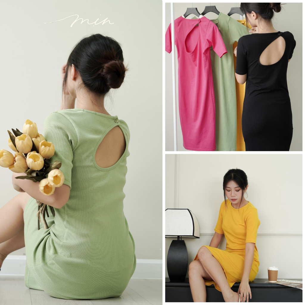 Đầm thun cotton KHOÉT LƯNG, tay lửng, váy ôm body đi chơi đi biển, màu đen hồng tím bơ vàng, Mịn thiết kế