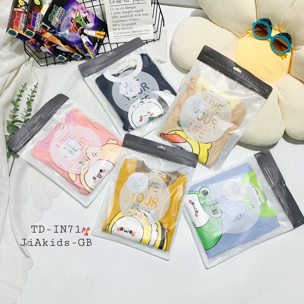 [Bé:8-27kg] Bộ Quần Áo Dài Tay Minky Mom Thun Lạnh Mềm Mịn, Viền Cổ, In Động Vật Cho Bé Trai, Gái 0-7 Tuổi- Mã: TD-IN71