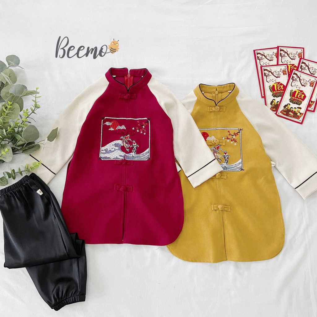 Áo dài cho bé trai Beemo, chất liệu nhung chéo mềm mịn, họa tiết thêu cá chép vượt vũ môn B097