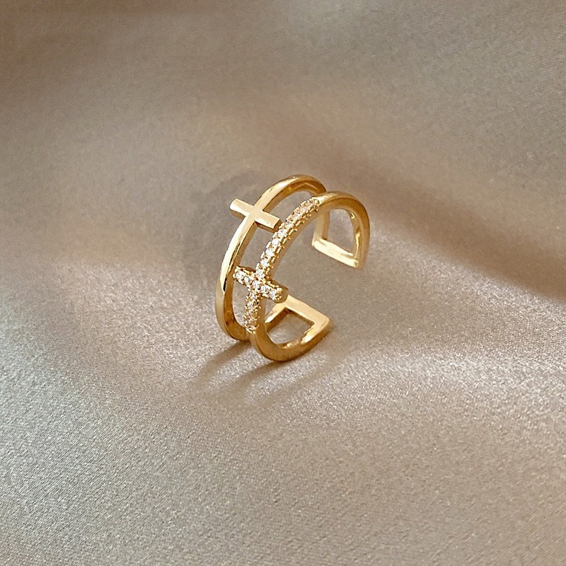 Nhẫn hai lớp đính đá zircon thiết kế sang trọng thời trang Hàn Quốc cho nữ