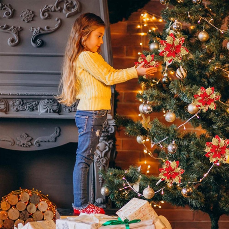 Bộ 5 Bông Hoa Nhân Tạo Viền Bột Vàng Nhiều Lớp Dùng Trang Trí Cây Thông Giáng Sinh