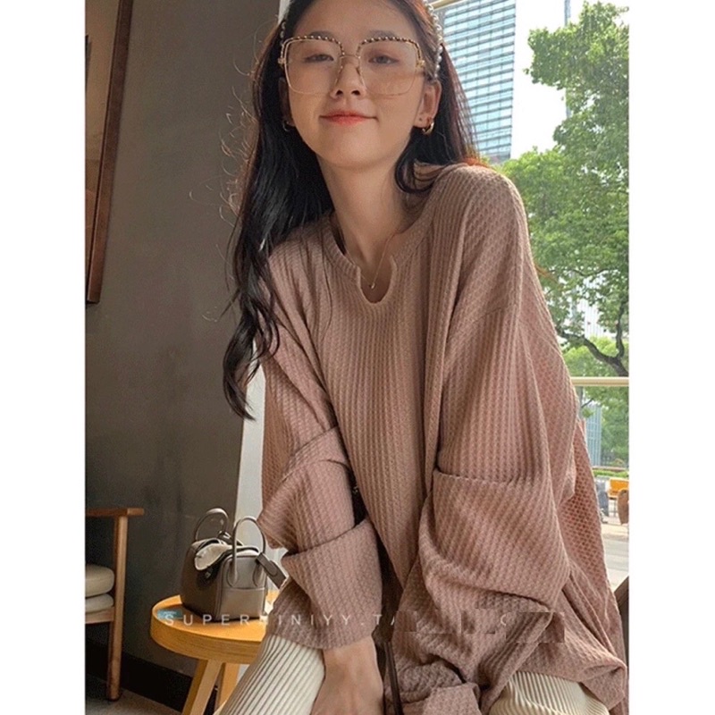 Áo chất tổ ong mỏng dài tay thu đông cổ xẻ V 4 màu hồng trắng đen xanh nhẹ nhàng ullzang Nhungkudo