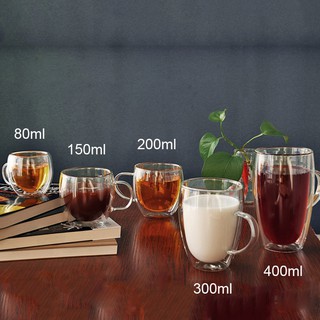 CỐC (LY) THỦY TINH 2 LỚP GIỮ NHIỆT UỐNG TRÀ VÀ CAFÉ, CÓ TAY CẦM 400ML; 300ml; 200ml; 150ml; 80ml