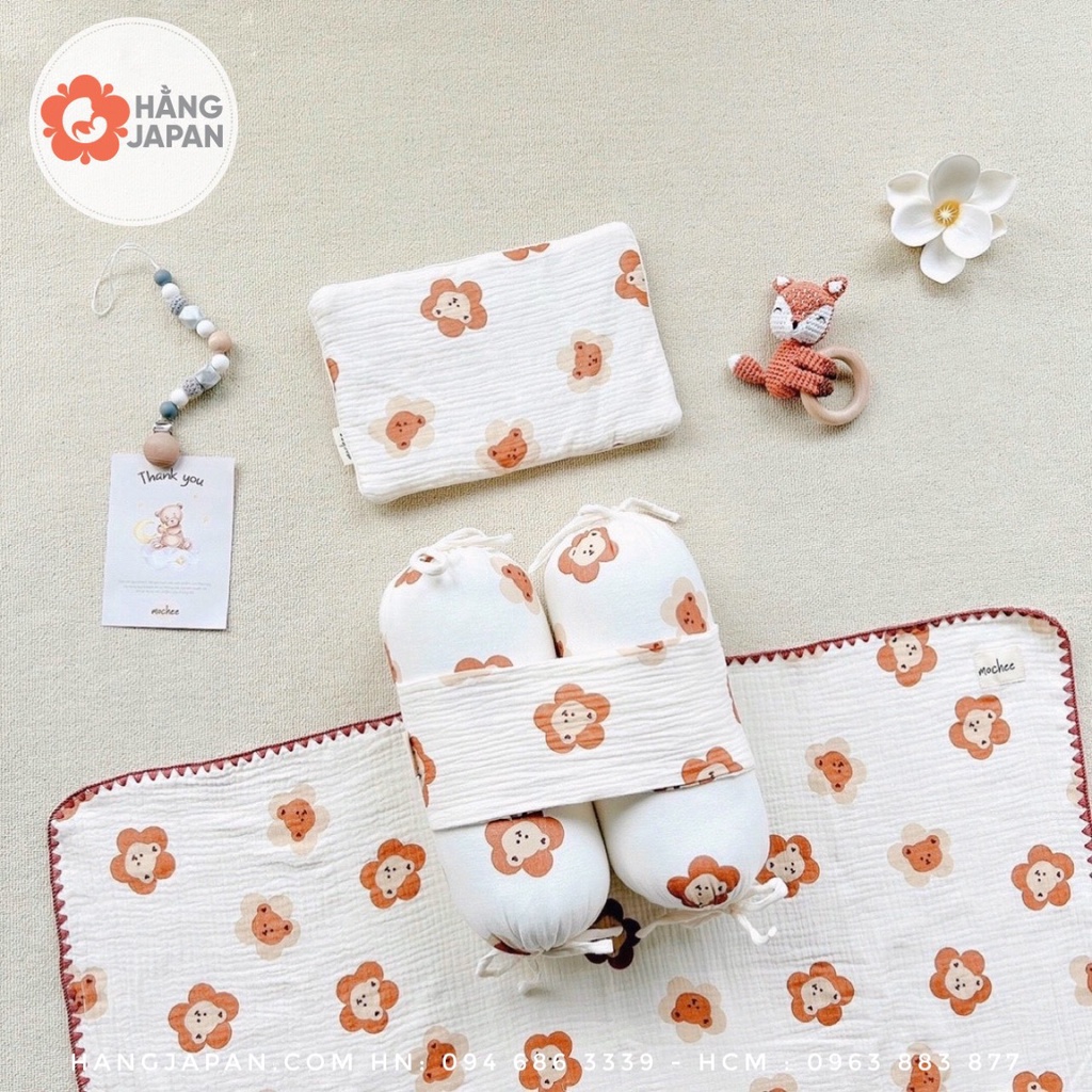 Full set 7 món vải xô Muslin chần bông họa tiết  MOCHEE cao cấp, mềm mại, mỏng nhẹ và ko bị nóng bí lưng cho bé