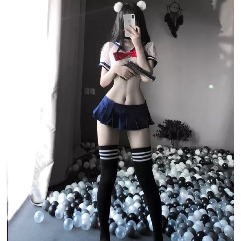 COSPLAY HỌC SINH ÁO VOAN NƠ ĐỎ XUYÊN THẤU / COSPLAY DỄ THƯƠNG / CHÂN VÁY XẾP LY LL2130