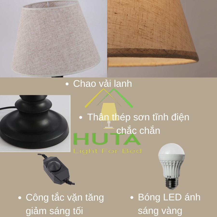 Đèn Ngủ Để Bàn Cao Cấp Điều Chỉnh Độ Sáng, Ánh Sáng Vàng Ấm, Chao Vải, Bóng Led, Dùng Decor Phòng Ngủ, Mã T2