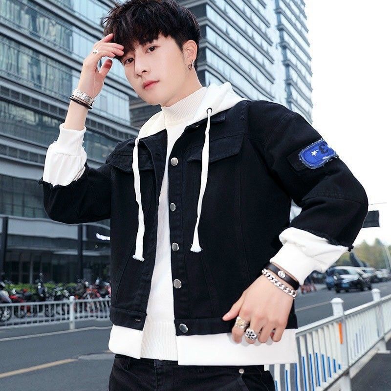 Áo khoác jean rách đen có mũ nỉ phối tay nỉ, áo bò nam huyền thoại phong cách Hàn Quốc, True Store, AKJ011