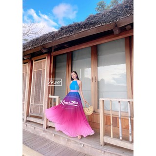 ĐẦM MAXI YẾM CỔ DẬP LY PHỐI MÀU