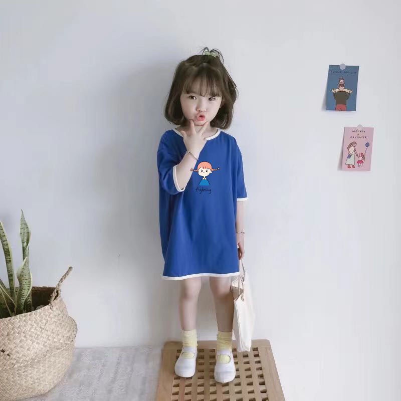 Đầm thun cotton tay ngắn dáng rộng thời trang cho bé gái 1-5 tuổi