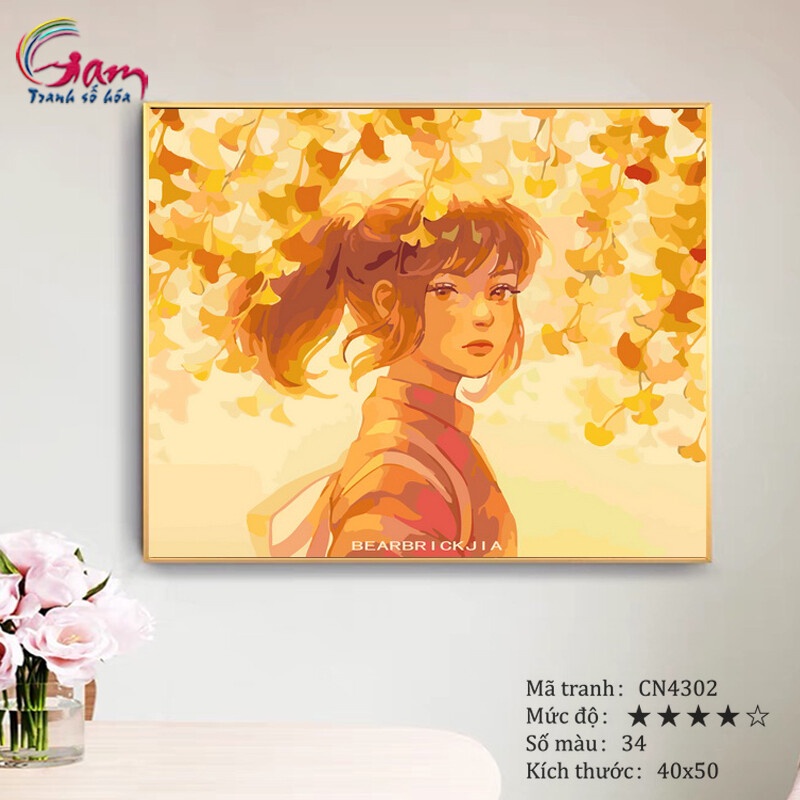 Tranh tô màu số hóa Gam treo tường trang trí cô gái mùa thu vàng CN4302