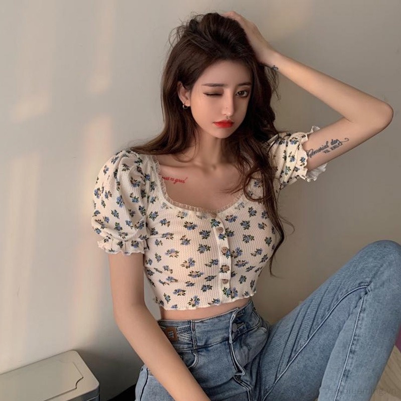 Áo Croptop Tay Ngắn Hoạ Tiết Hoa Cho Phái Nữ