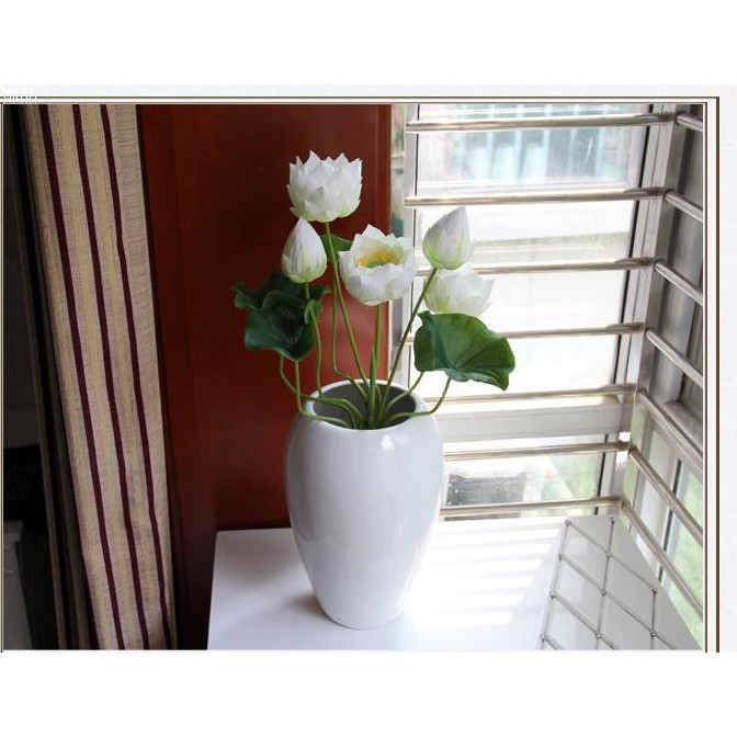 Hoa giả cao cấp - Cụm 3 bông hoa sen cung đình cỡ lớn kèm 2 búp sen và 4 lá sen trang trí tuyệt đẹp