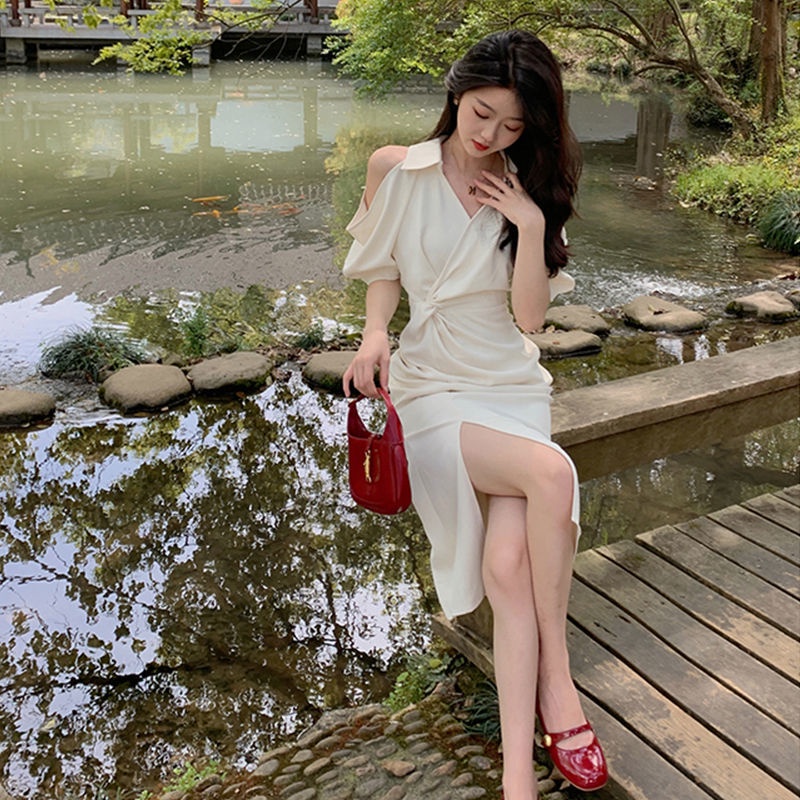 Đầm Sơ Mi Trắng Cổ Chữ V Xẻ Tà Thời Trang Mùa Hè Dành Cho Nữ