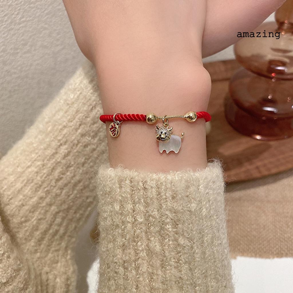 [AM] Braided Bracelet Chinese Zodiac Lucky Symbol Alloy Adjustable Charm Ox Bangle for Spring Festival