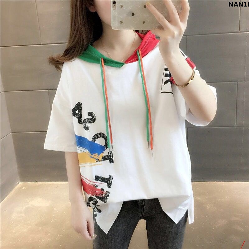 Áo hoodie ngắn tay dáng rộng in hình Graffiti thời trang mùa hè