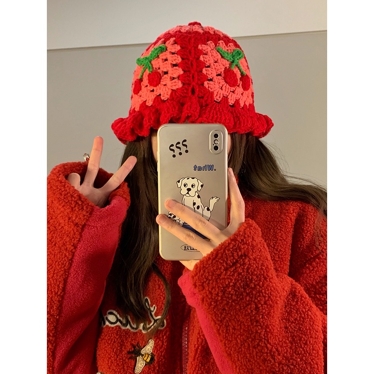 Mũ Bucket Len Dệt Kim Thủ Công In Hình Cherry Phong Cách Nhật Bản Dễ Thương