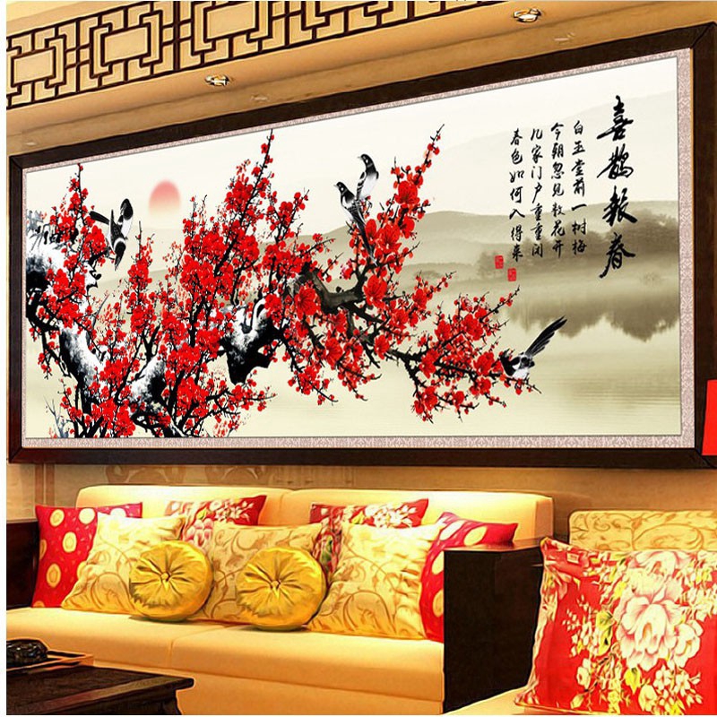 Bộ Tranh Đính Đá Tự Làm Hình Đôi Chim Và Hoa Anh Đào Xinh Xắn