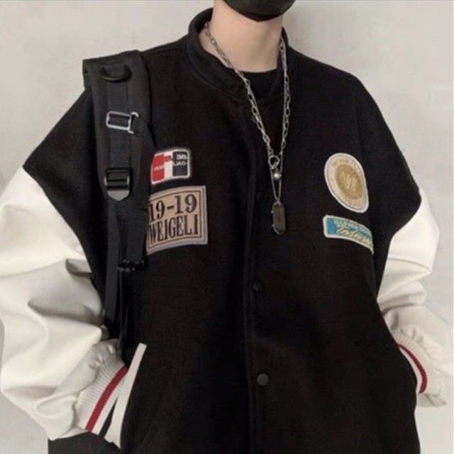 [CÓ CLIP ÁO]  ÁO BOMBER- ÁO VARSITY TAY DA MÀU ĐEN CHẤT DẠ ÉP | BigBuy360 - bigbuy360.vn