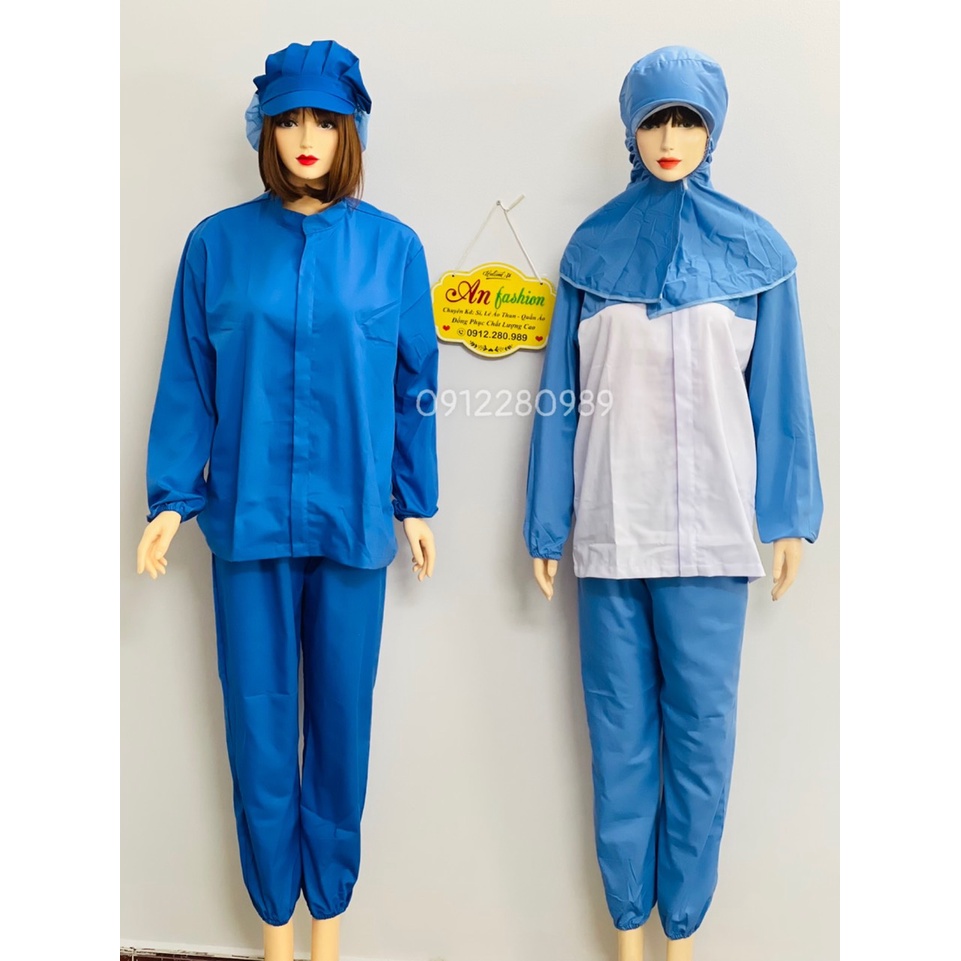 Đồng phục ngành thực phẩm, thủy sản vải kaki màu xanh dài tay _ Hình chụp thật