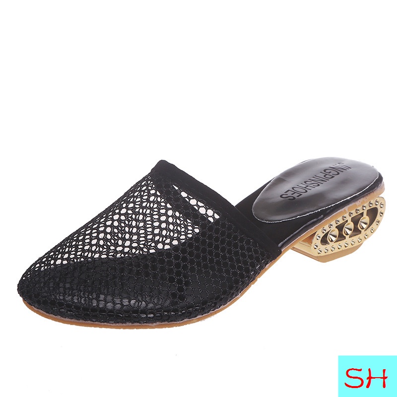 Dép Bít Mũi Đế Vuông Phối Lưới Phong Cách Hàn Quốc Thời Trang Mùa Hè 2020 Mới