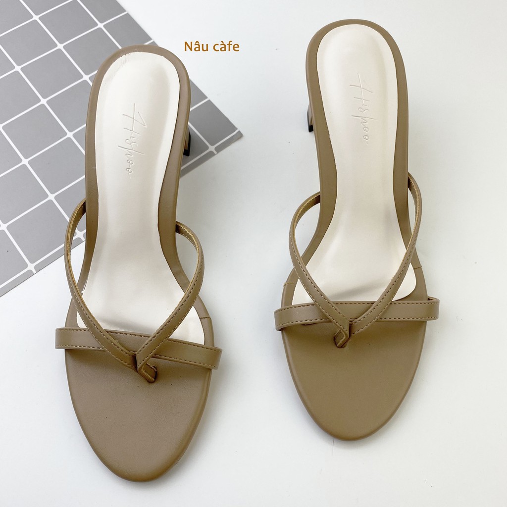 Dép cao gót nữ dáng sandal mũi tròn quai dây kẹp mảnh xỏ ngón 1 phân thời trang HISHOO S016