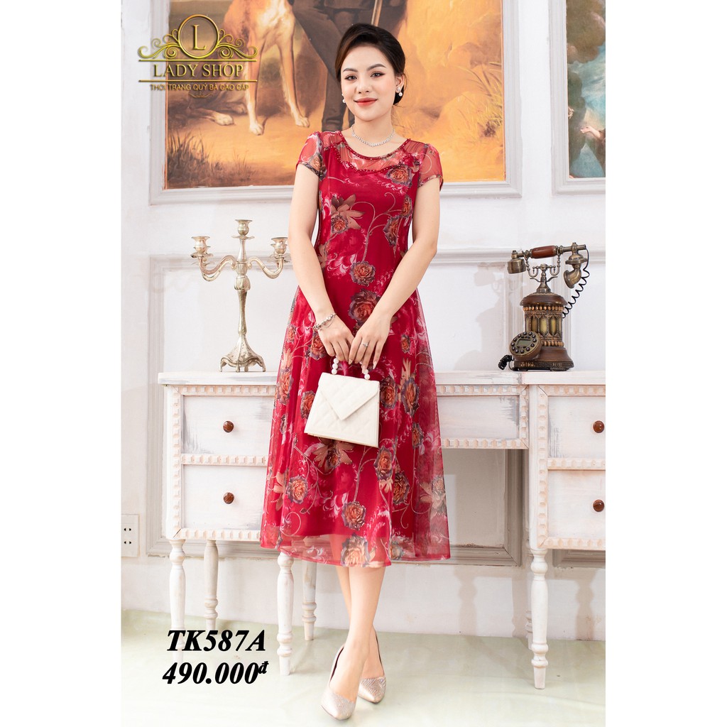 Váy Đầm thời trang trung niên cao cấp Ladyshop - đầm lưới hoa hồng cổ đá TK587