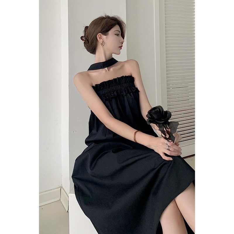 Đầm dài hở lưng màu đen phong cách Retro Hàn Quốc thời trang mùa hè cho nữ