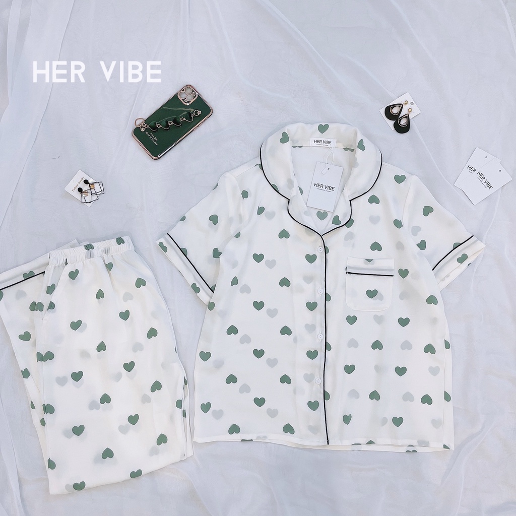 Bộ đồ ngủ nữ pijama dáng dài quần áo ngủ ullazang xinh bộ ngủ pyjama lụa quần dài cộc tay thấm hút tim xanh Her Vibe | BigBuy360 - bigbuy360.vn