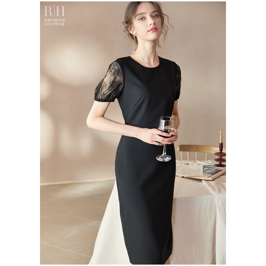 Đầm ôm body trơn đen phối tay ngắn phồng ren