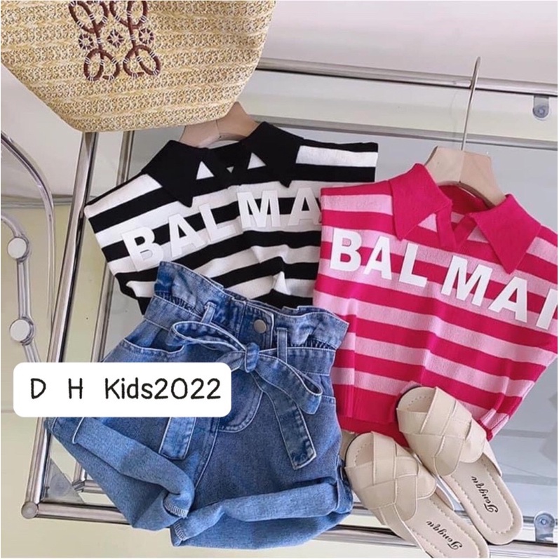 bộ áo kẻ balmai quần bò cạp nơ bé gái (hàng shop )