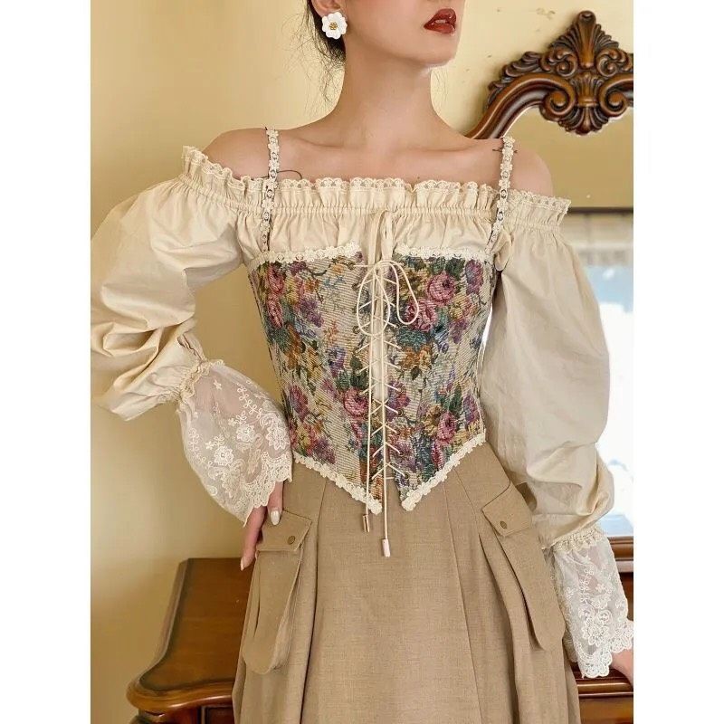 (Sẵn) Áo hoa retro Pháp, corset hoa cổ điển, corset vintage