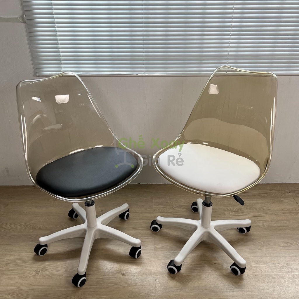 Ghế Nhựa Acrylic trong suốt nệm bọc simili cao cấp chân nhựa xoay 1019PCX