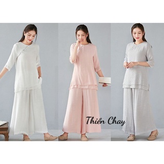 Quần áo đi chùa nữ, đồ lam ngồi thiền, tập yoga nữ cổ tròn vải tơ đũi mềm không nhăn cao cấp Thiền Chay