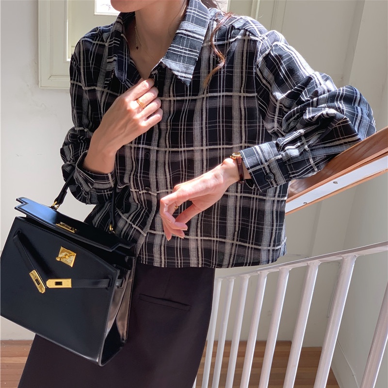 SUXI Áo Sơ Mi Dài Tay Họa Tiết Ca Rô Phong Cách Hàn Quốc Cổ Điển Dành Cho Nữ