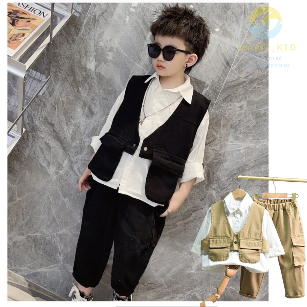 Set bộ vest bé trai 3 chi tiê(áo vest + quần+ sơ mi) hàng cao cấp, vải kaki co giãn tốt