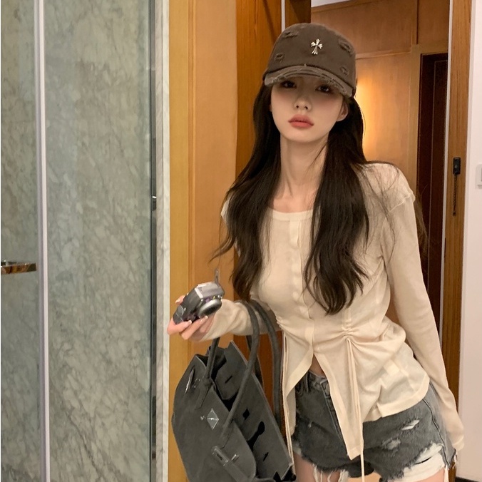 Porozi  Áo croptop vải dệt kim tay dài cổ tròn màu sắc đơn giản cho nữ