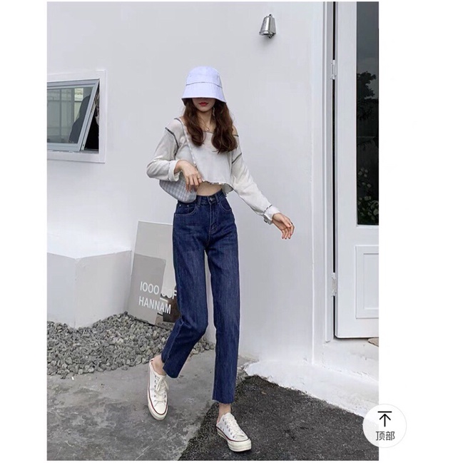 Quần bò jean nữ ống loe đứng rộng suông co giãn sẻ gấu jeans cạp cao Hottrend 2022