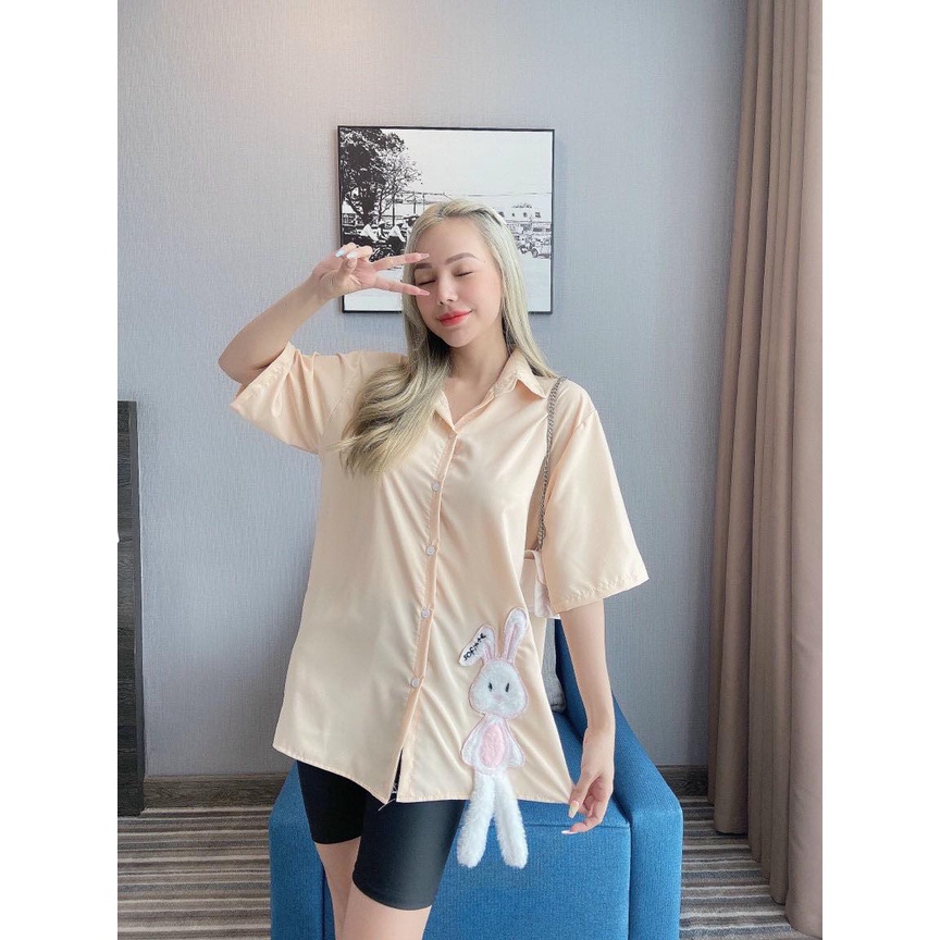 Áo sơ mi Nữ tay lỡ ngắn tay thỏ bông nhỏ xinh xắn kute, vải lụa mềm mại, có 3 màu | BigBuy360 - bigbuy360.vn