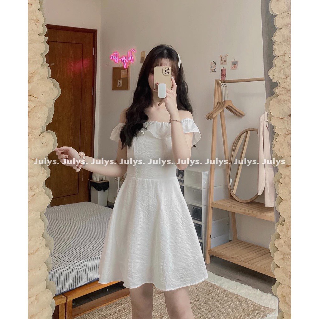 [Ảnh thât/video] Đầm váy trắng trễ vai chun sau trắng tiểu thư basic dễ mặc