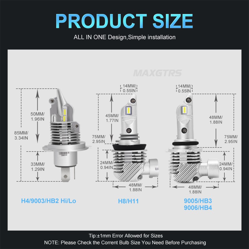 Bóng Đèn LED MAXGTRS H11 H4 H7 Mini 9005 9006 HB3 HB4 H8 Ánh Trắng 6000K Không Dây Kích Thước 1:1 Làm Đèn Pha Xe Hơi